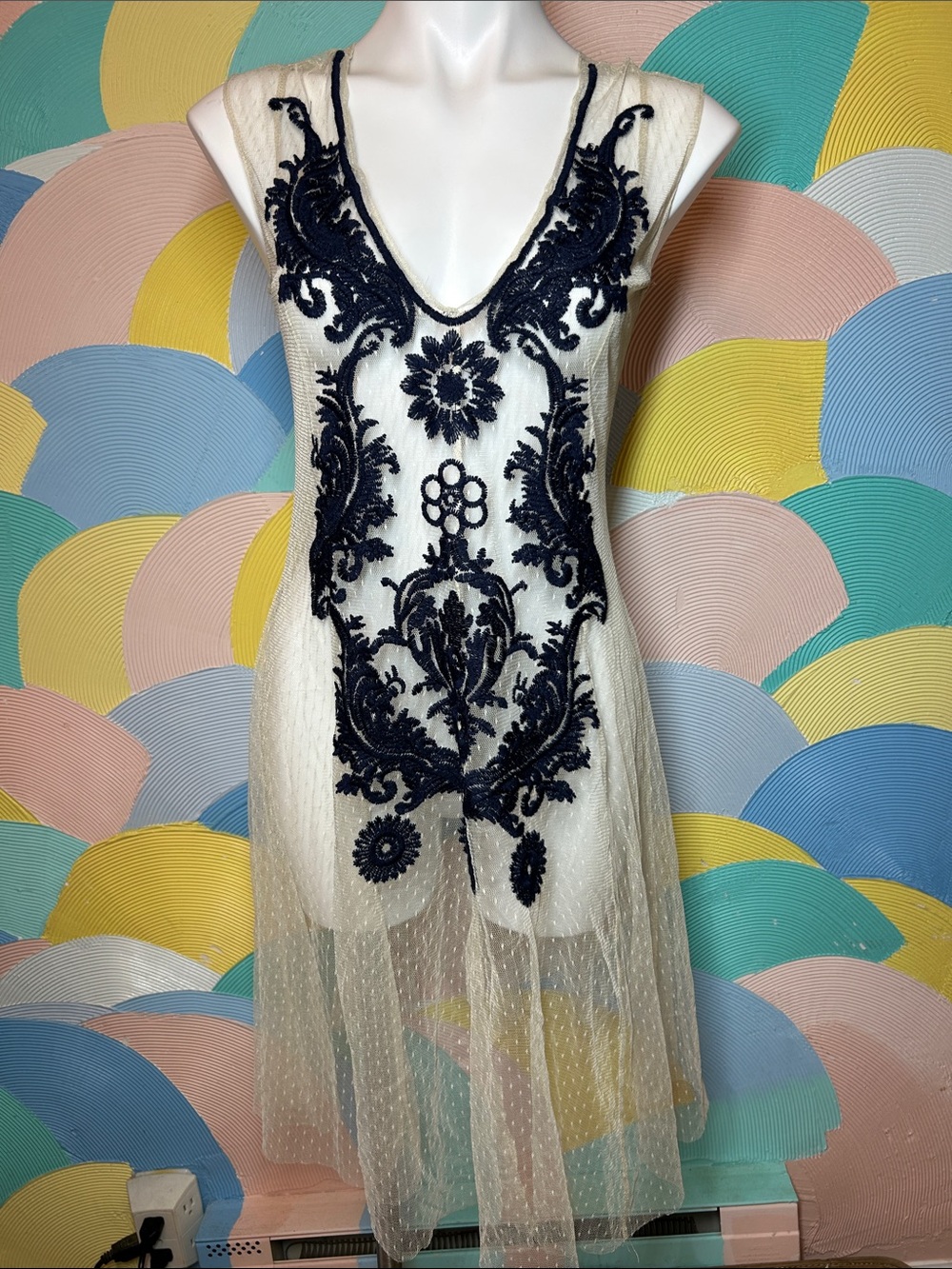 Sheer Ivory Slip Dress with Navy Embroidery sz S